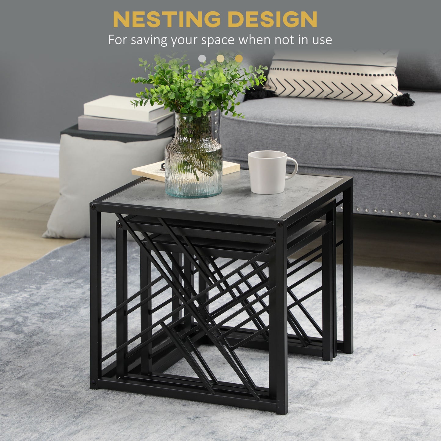 Set of 3 Nesting Coffee Tables Square End Tables w/ Metal Frame, Grey