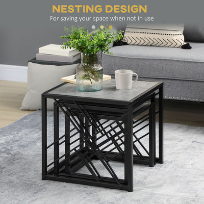 Set of 3 Nesting Coffee Tables Square End Tables w/ Metal Frame, Grey