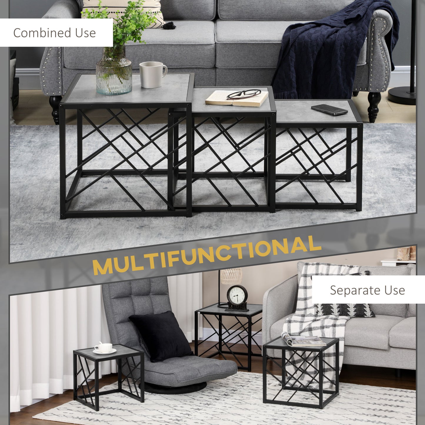 Set of 3 Nesting Coffee Tables Square End Tables w/ Metal Frame, Grey