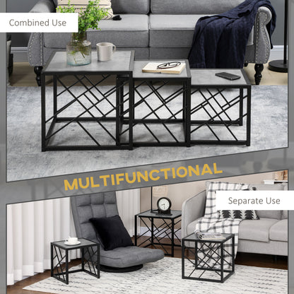 Set of 3 Nesting Coffee Tables Square End Tables w/ Metal Frame, Grey