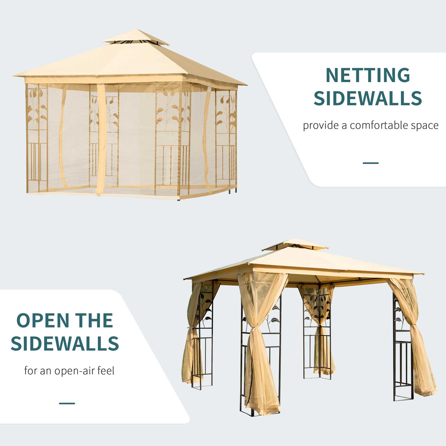 Outsunny 3(m) x 3(m) Garden Gazebo, Double Roof Outdoor Gazebo Canopy Shelter with Netting, Solid Steel Frame, for Garden, Lawn, Backyard, and Deck
