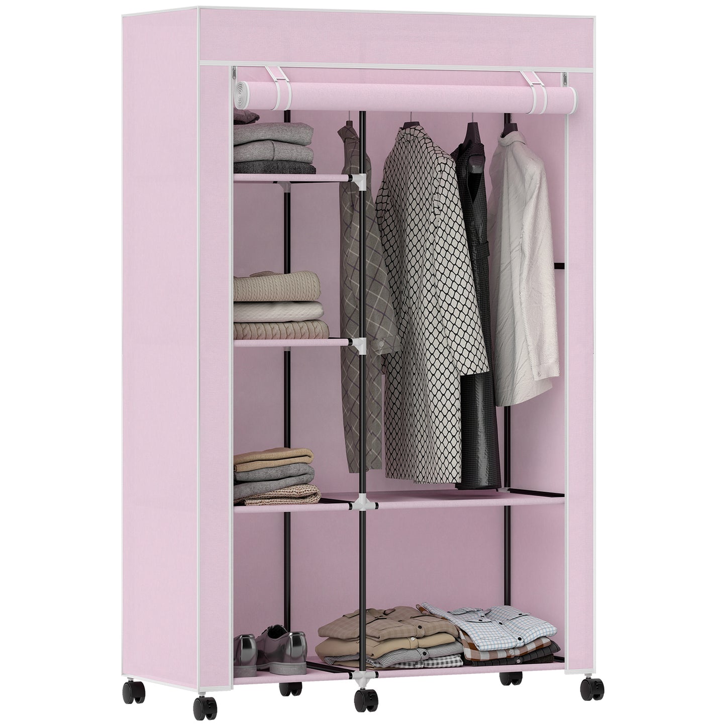 Fabric Wardrobe with wheels, Mobile Portable Wardrobe with 6 Shelves, 1 Hanging Rail, Foldable, 103 x 43 x 162.5 cm, Pink
