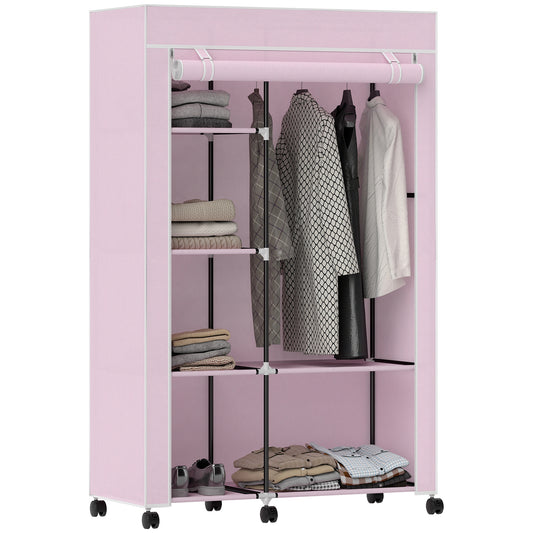 Fabric Wardrobe with wheels, Mobile Portable Wardrobe with 6 Shelves, 1 Hanging Rail, Foldable, 103 x 43 x 162.5 cm, Pink