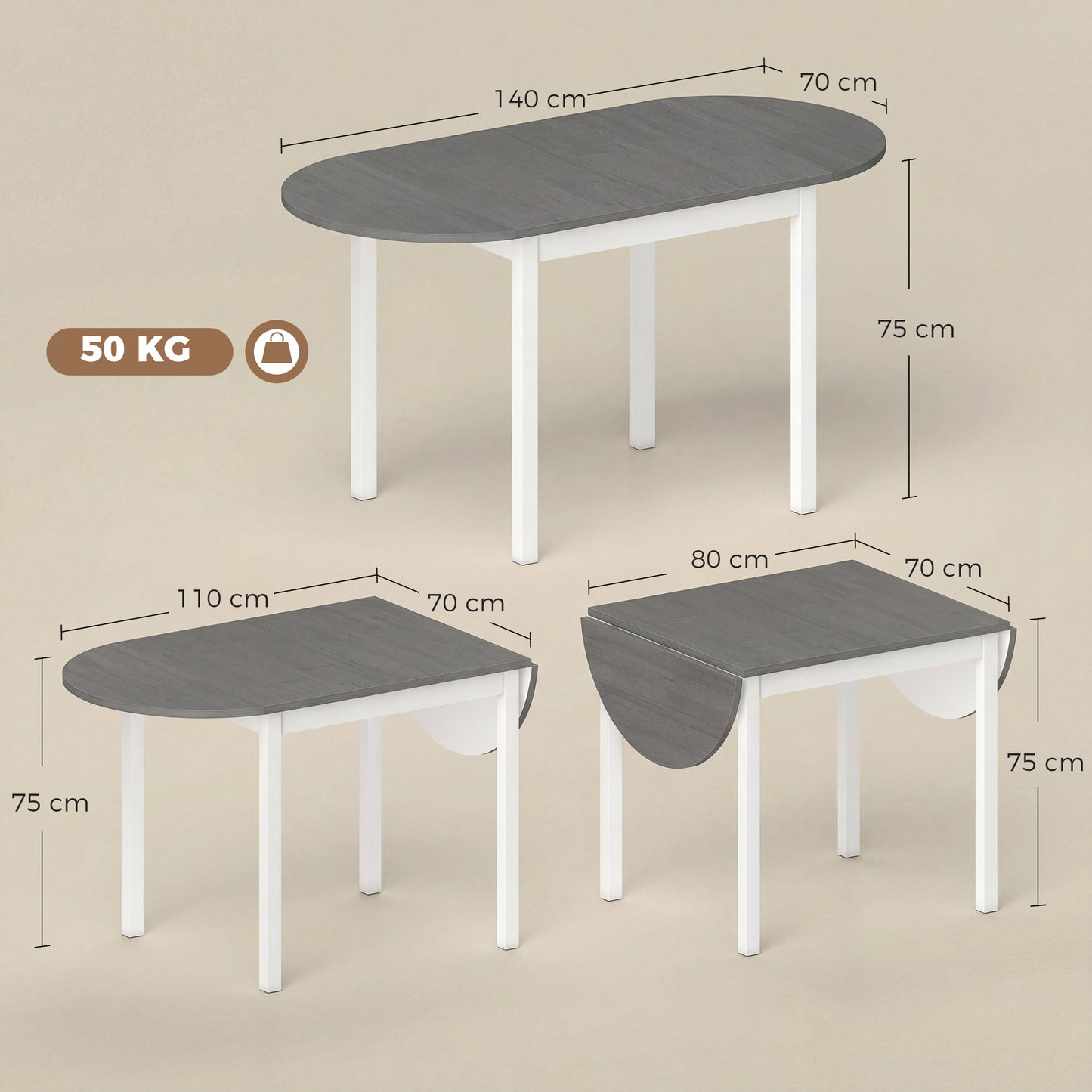 Folding Dining Table for 4-6 People, 140 cm Oval Solid Wood Drop Leaf Table, Kitchen Table for Small Spaces, Dining Room, Living Room, Grey