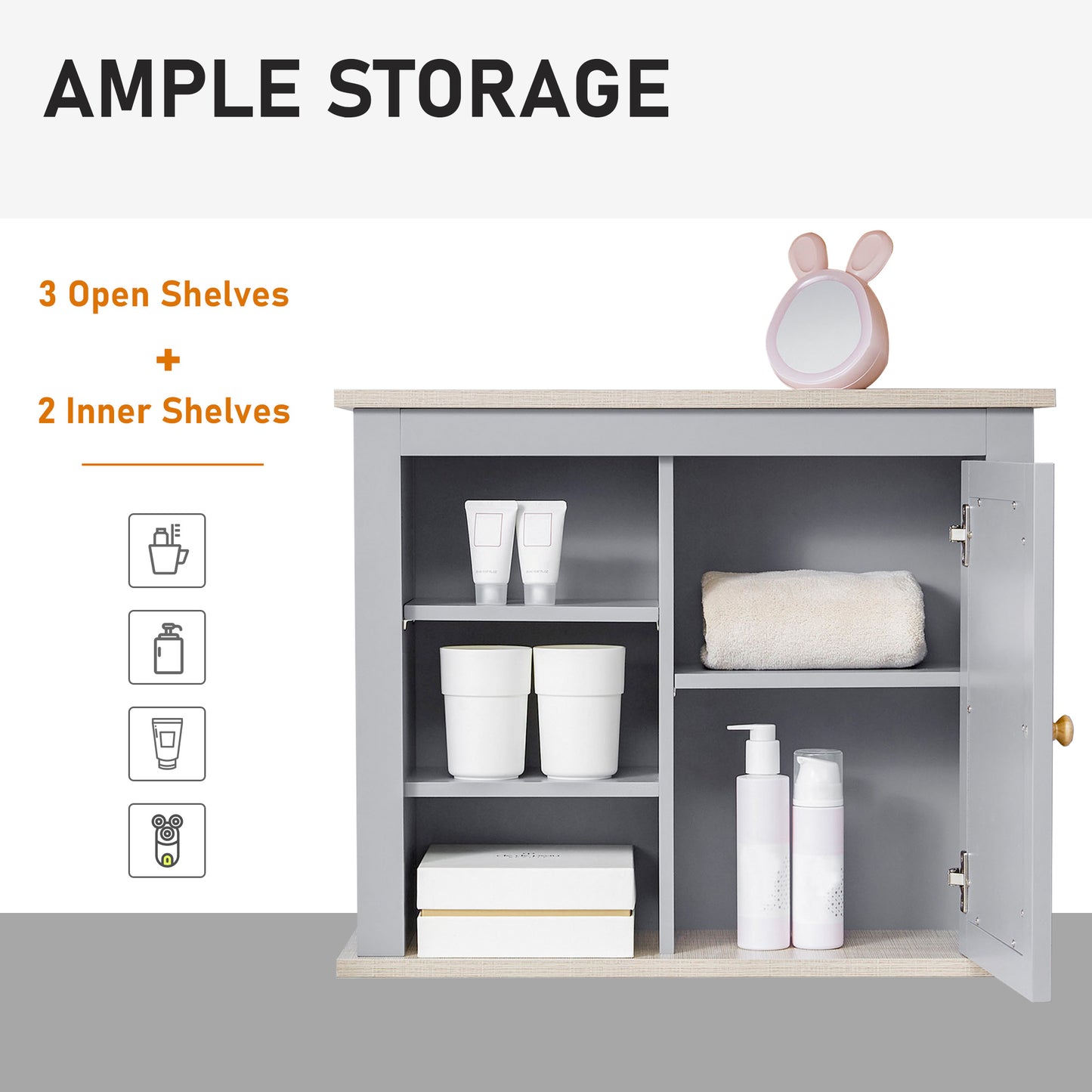 Bathroom Mirror Cabinet Storage Organizer with Open Inside Shelves