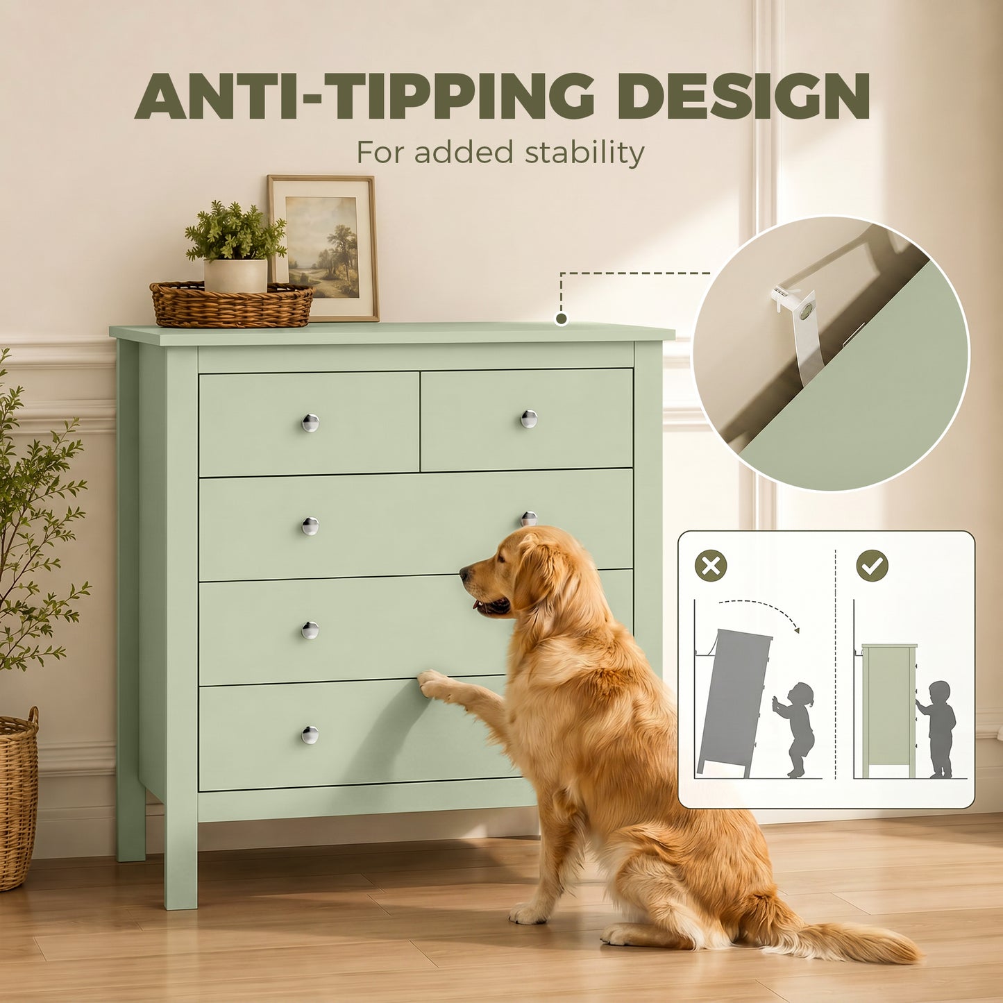 Modern Dresser with 5 Drawers for Living Room, Hallway, Sage Green