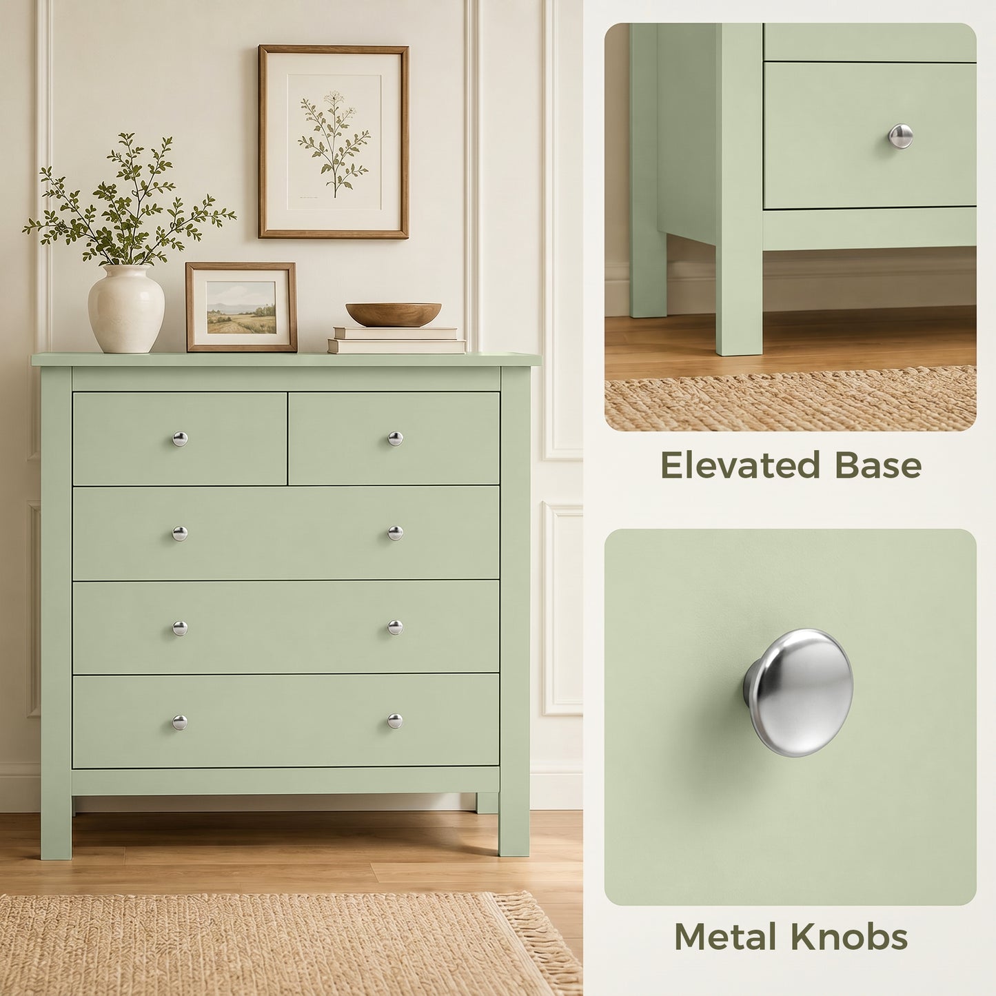 Modern Dresser with 5 Drawers for Living Room, Hallway, Sage Green