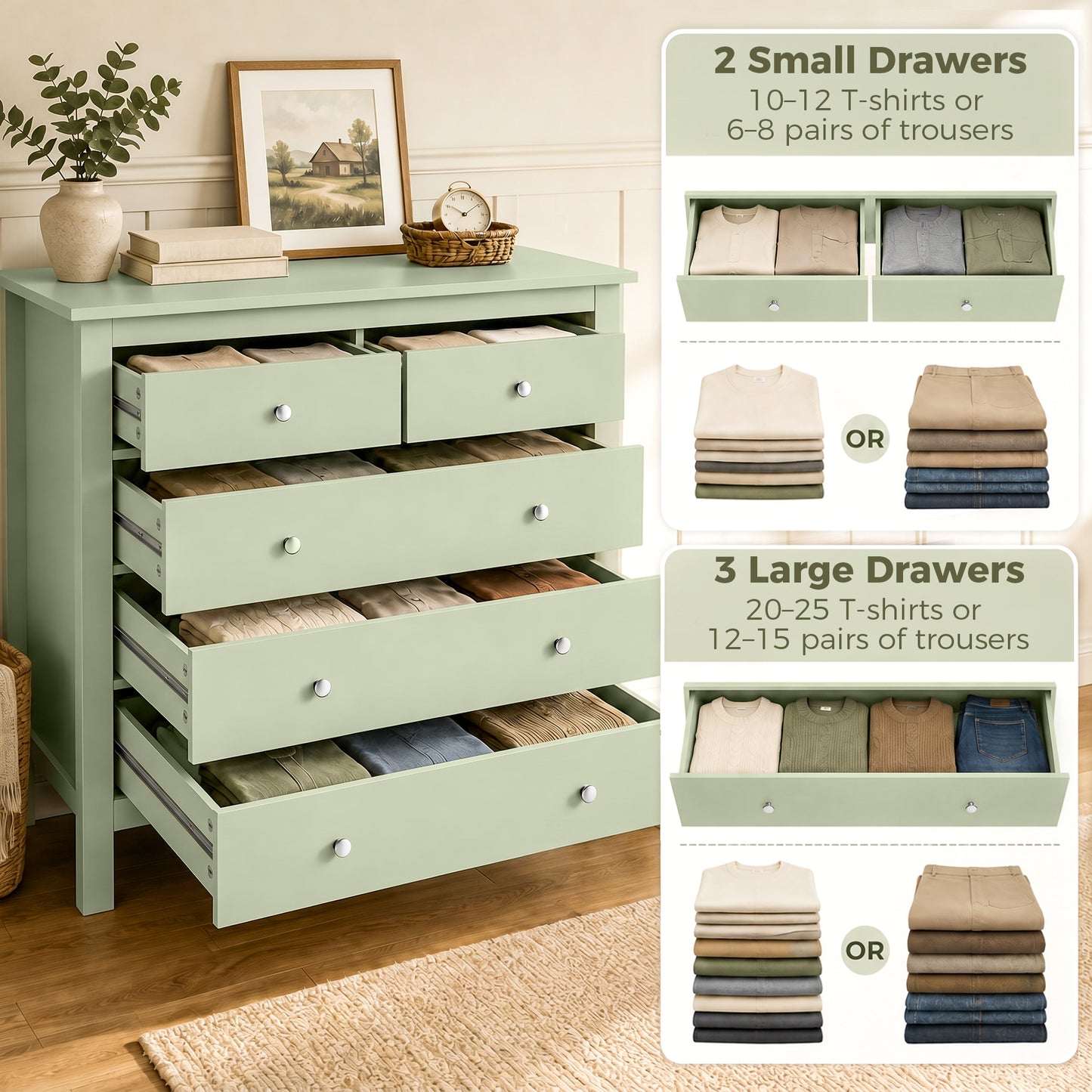 Modern Dresser with 5 Drawers for Living Room, Hallway, Sage Green