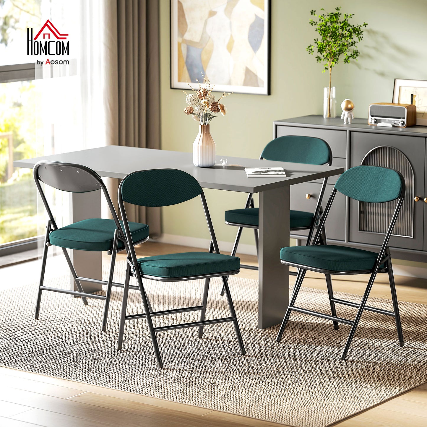 Folding Chairs Set of 4 with Cushioned Seat, Steel Frame, Teal