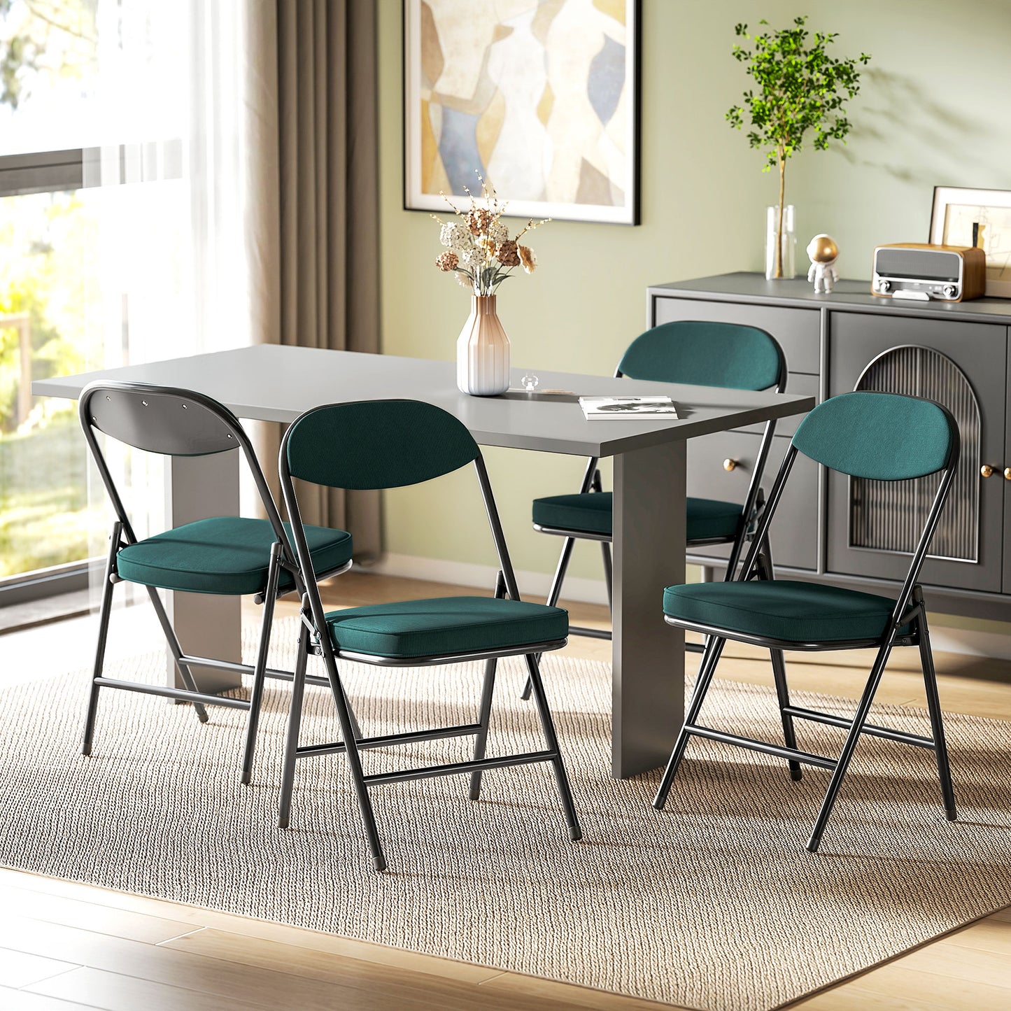 Folding Chairs Set of 4 with Cushioned Seat, Steel Frame, Teal