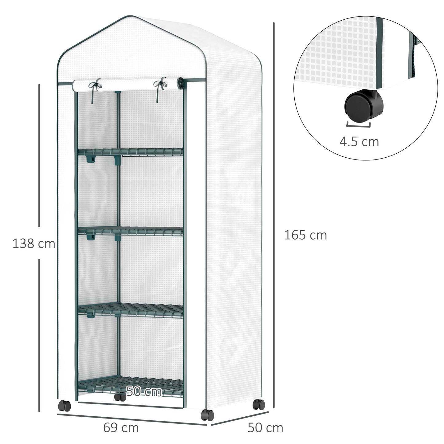 4 Tiers Mini Portable Greenhouse Compact Plant Grow Shed Metal Frame Transparent Clear Cover 165H x 69L x 50W cm, White