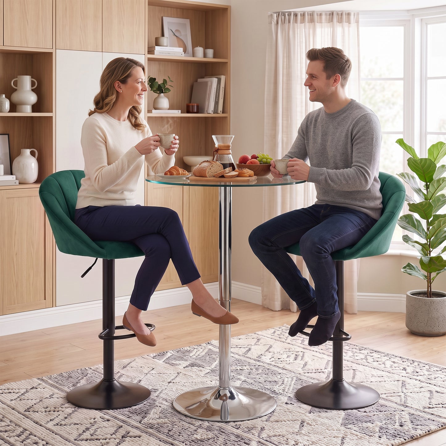 Bar Stools Set of 2 Velvet Adjustable Swivel Dark Green