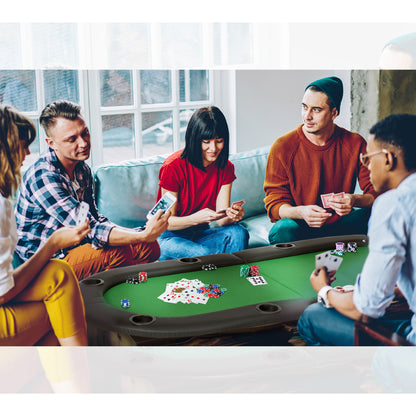8 Player Folding Poker Table, Oval Portable Blackjack Casino Table with Cup Holder, Felt Top and Metal Base, 183 x 82 x 75cm, Green and Black