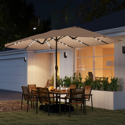 Double Sided Garden Parasol w/ 60 Solar LED Lights 4.5m, Khaki