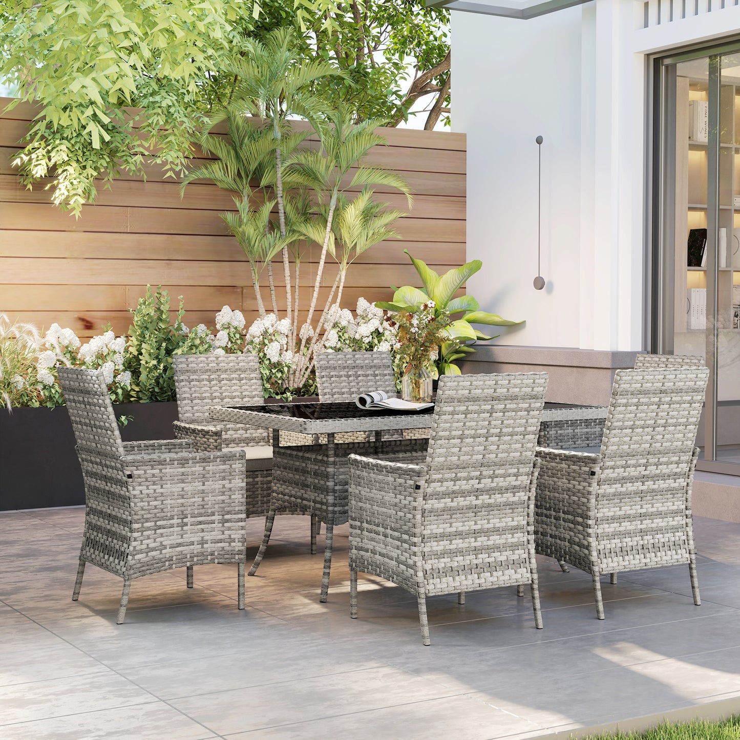 6 Seater Rattan Garden Furniture Set with Cushions, Mixed-Grey