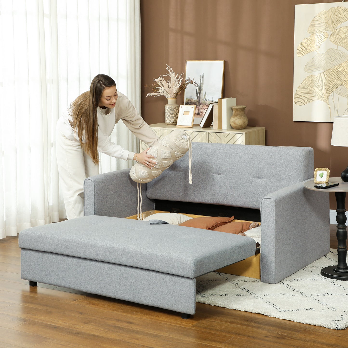 2 Seater Sofa Bed Convertible Bed Settee w/ 2 Cushions Light Grey