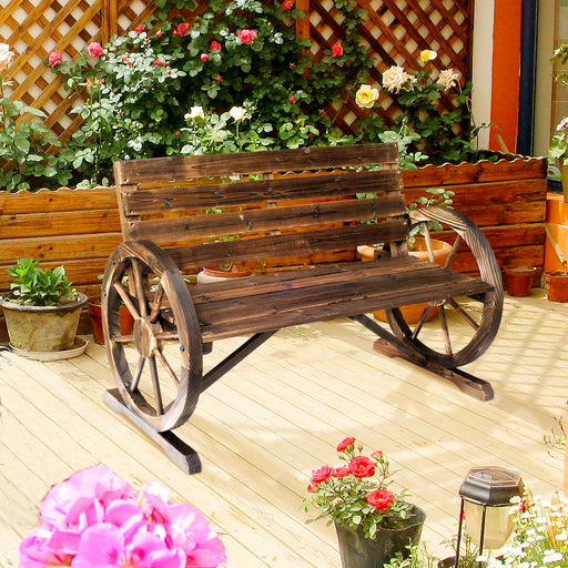 2 Seater Garden Bench with Wooden Cart Wagon Wheel Rustic High Back Brown