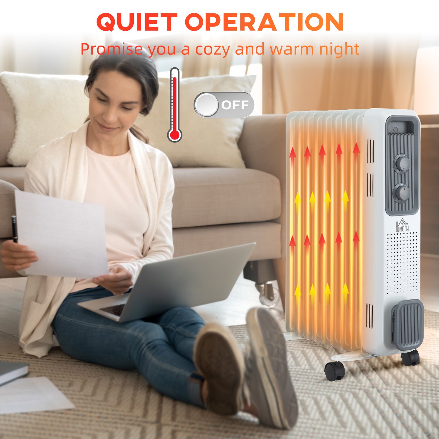 Oil Filled Radiator Portable Heater W/ 9 Fin, 3 Heat Settings White
