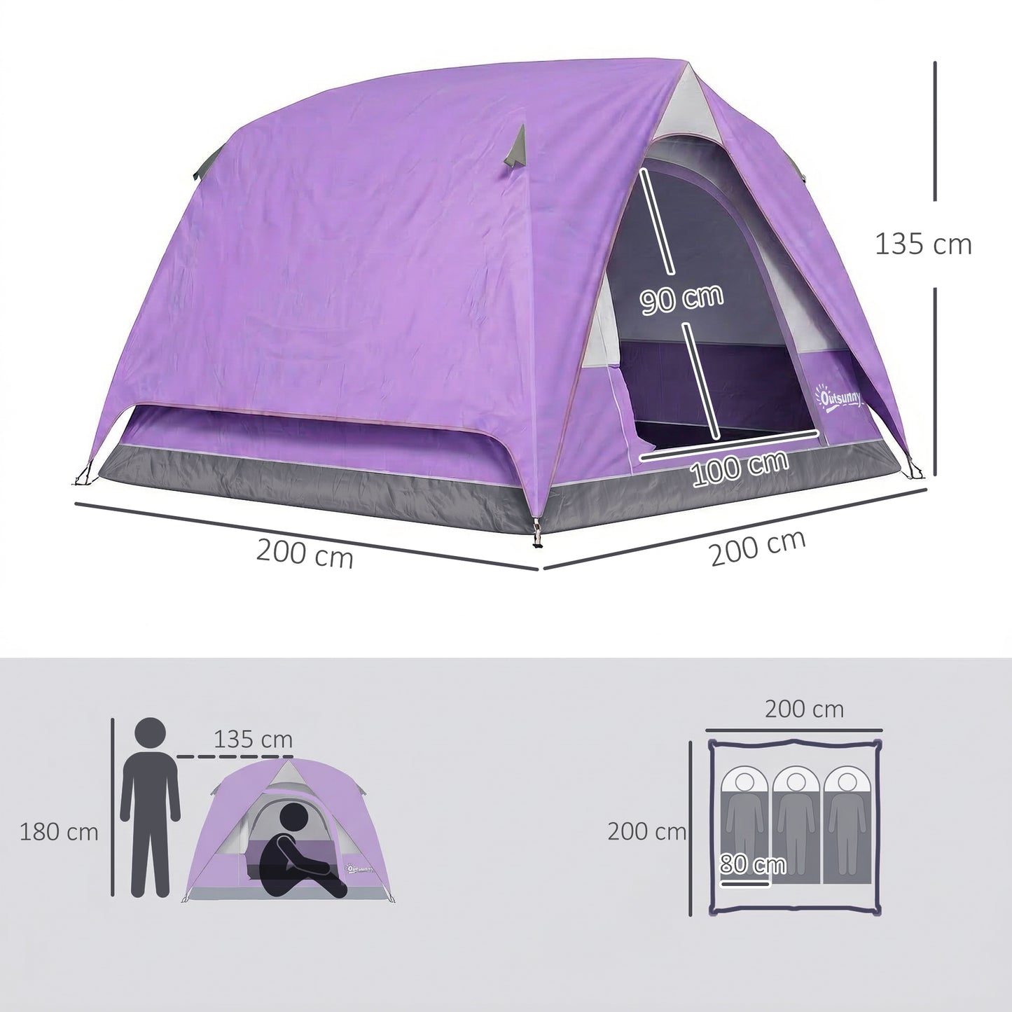 3-4 Person Camping Tent, Waterproof Tent, Purple
