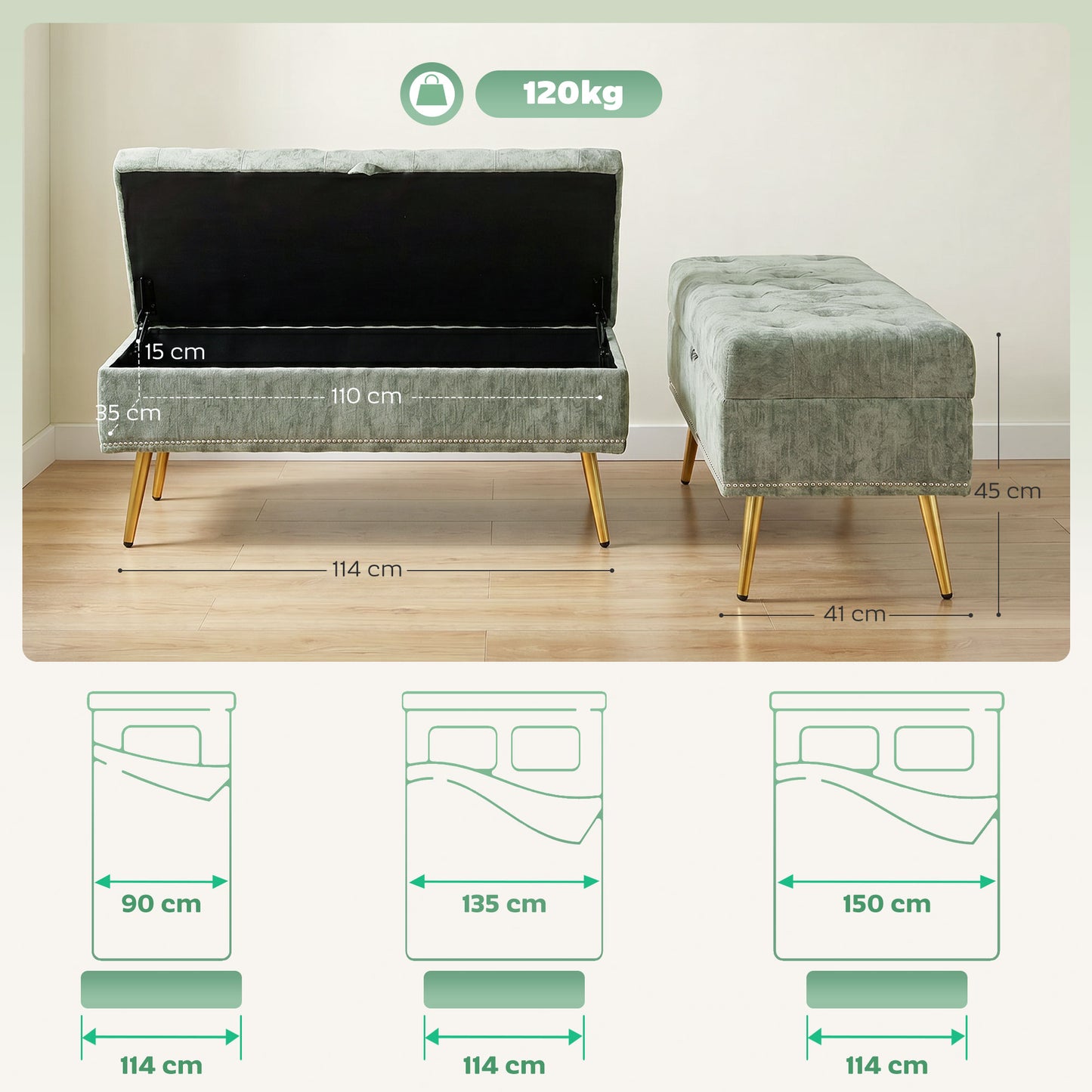 Storage Ottoman, Chenille Ottoman Storage Box, Light Green