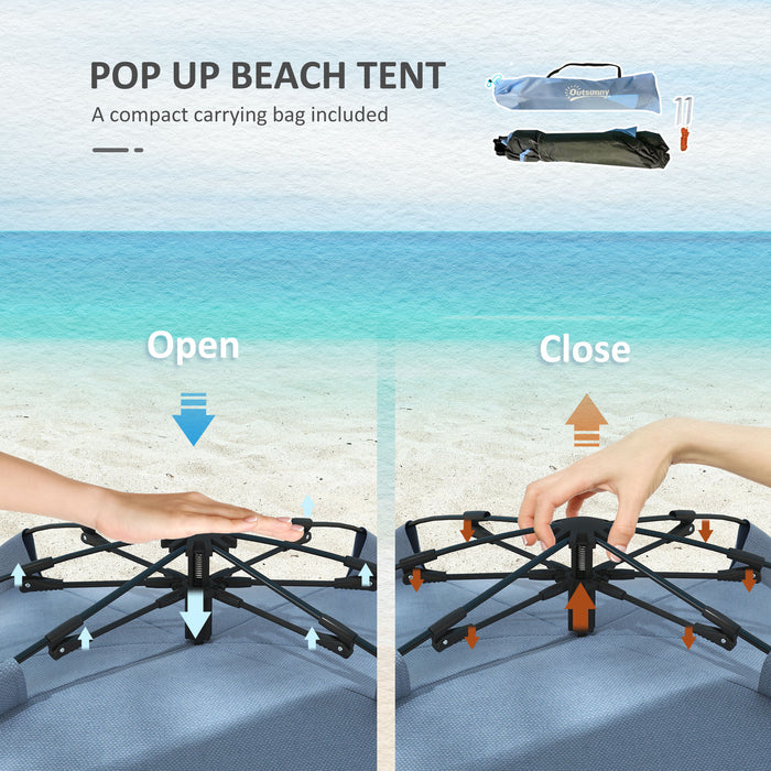 2-3 Person Pop Up Beach Tent, UPF15+ Sun Shelter with Extended Floor, Sandbags, Mesh Windows and Carry Bag, Blue