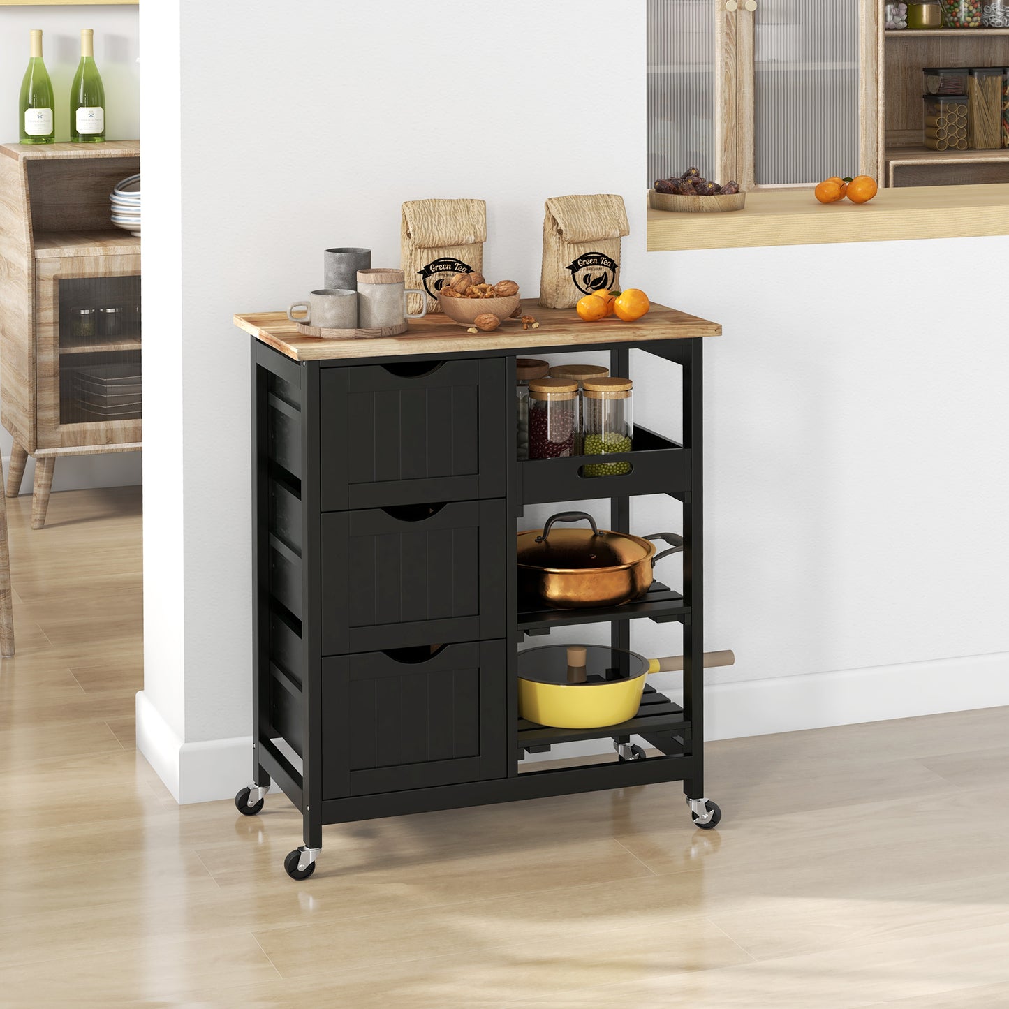 Rolling Kitchen Island Cart, Bar Serving Cart, Compact Trolley Black
