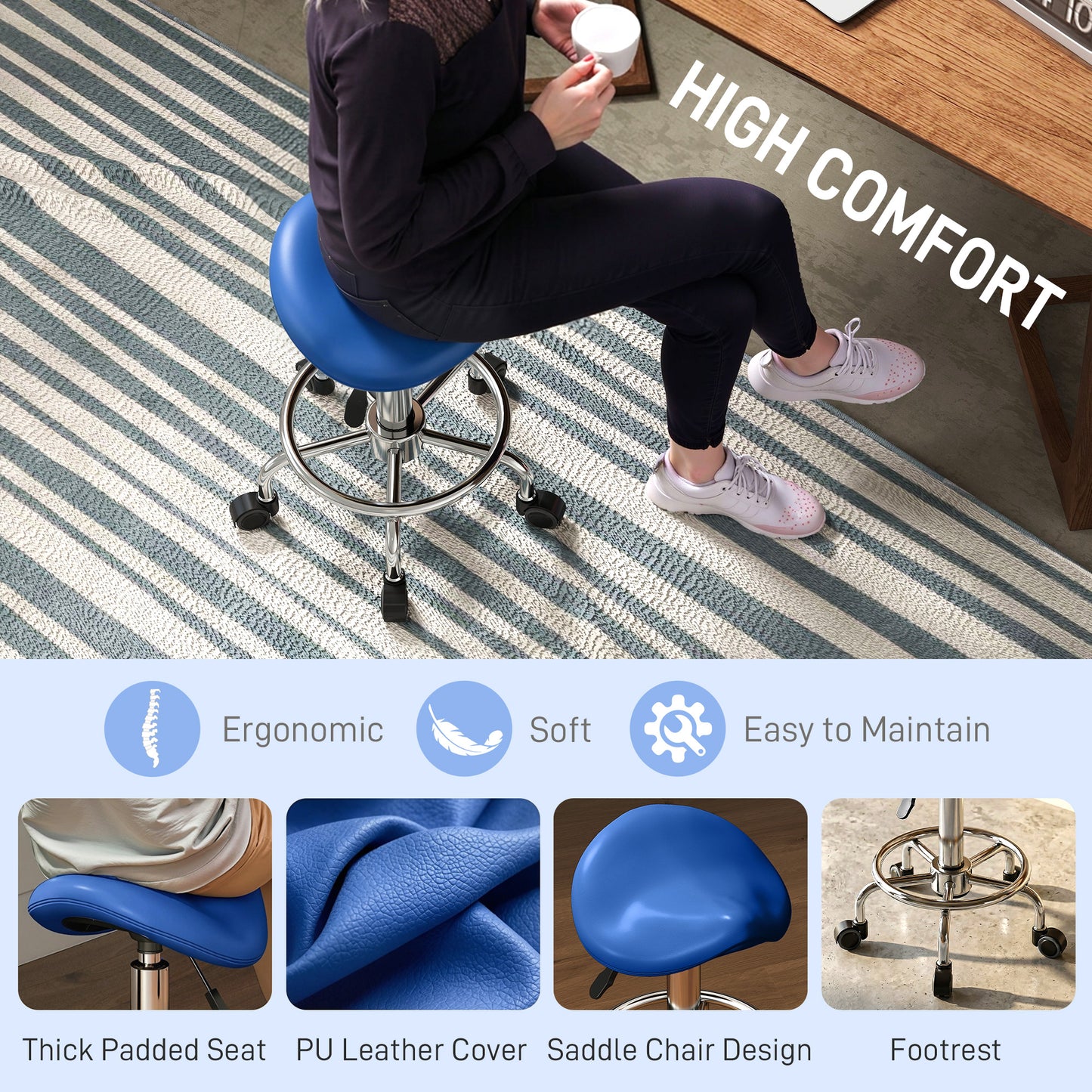 Saddle Chair, Rolling Salon Stool for Massage Spa, Blue