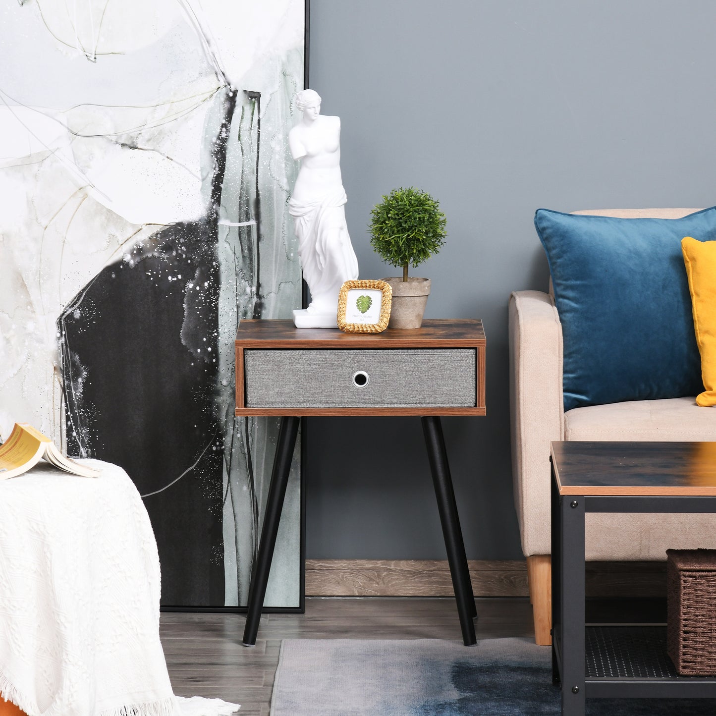 Side Table, Nightstand, End Table with Removable Fabric Drawer, Retro Style Accent Furniture with Wooden Legs, Rustic Brown and Black