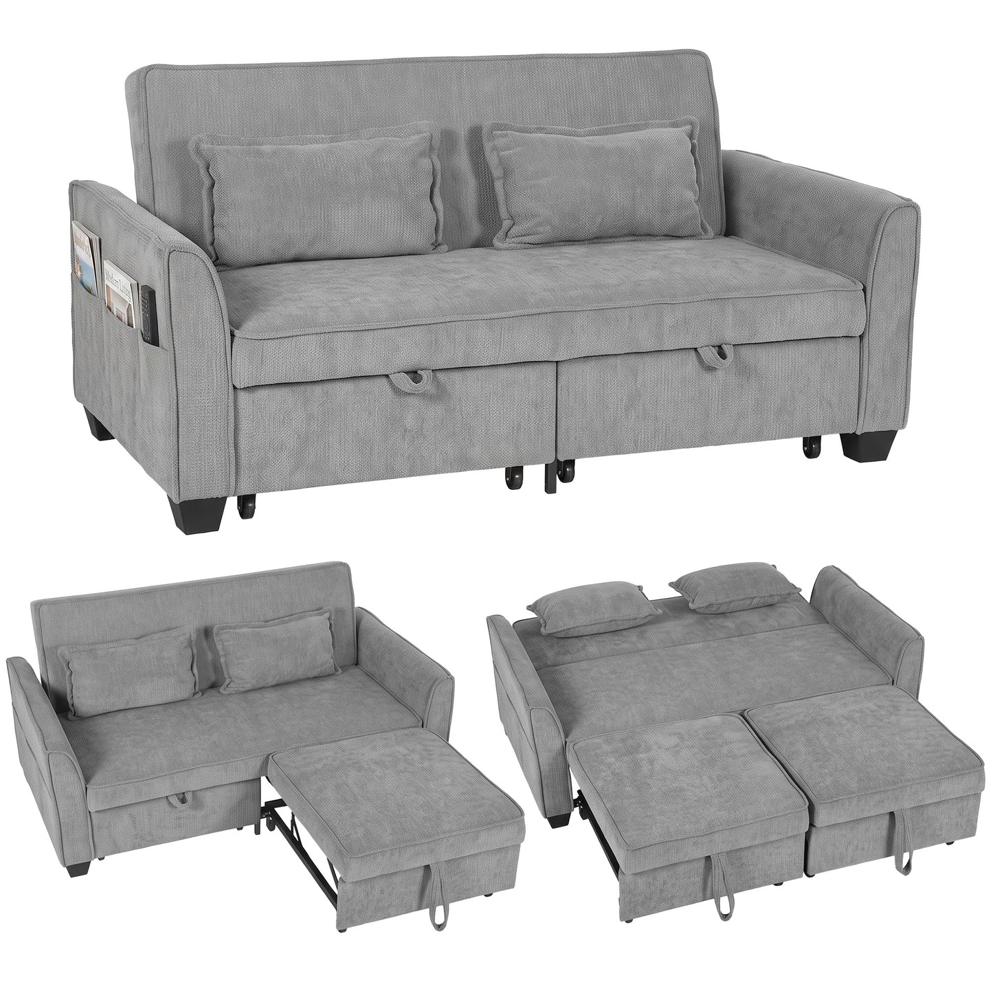 2 Seater Sofa Bed, 4-in-1 Convertible Pull Out Sleeper Sofa, Grey