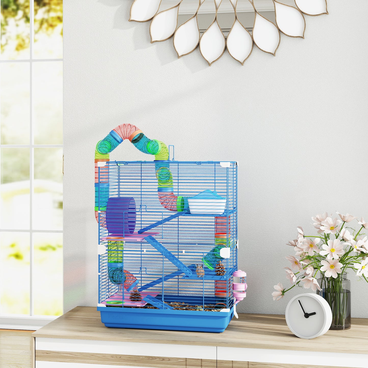 5 Tier Hamster Cage, Gerbil Cage with Tube Exercise Wheels, Tunnel, Water Bottle, Dishes, Blue, 58H x 46L x 30Wcm