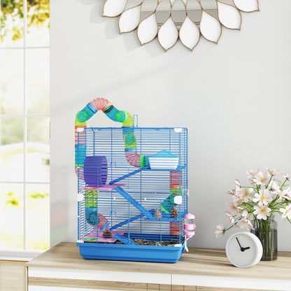 5 Tier Hamster Cage, Gerbil Cage with Tube Exercise Wheels, Tunnel, Water Bottle, Dishes, Blue, 58H x 46L x 30Wcm