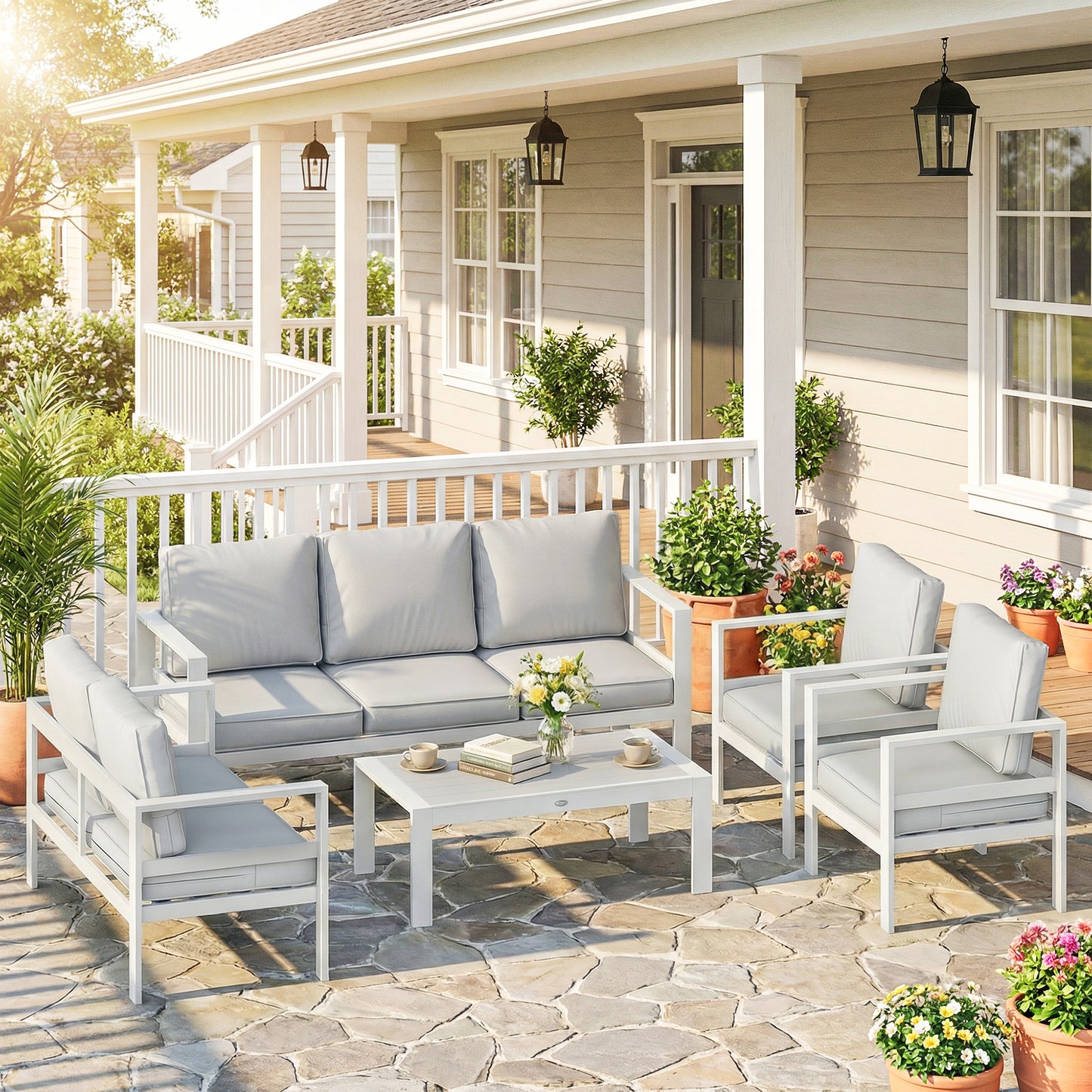Aluminium Garden Furniture Sofa Set with Olefin Cushions, White