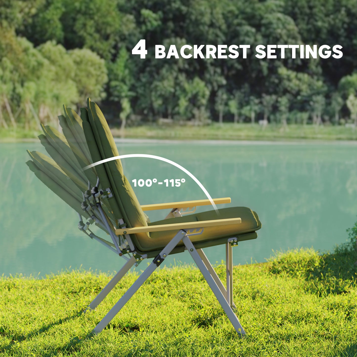 Padded Camp Chair Outdoor High Back Folding Recliner with Bag Green