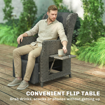 Rattan Garden Recliner Chair with Flip Table, Dark Grey