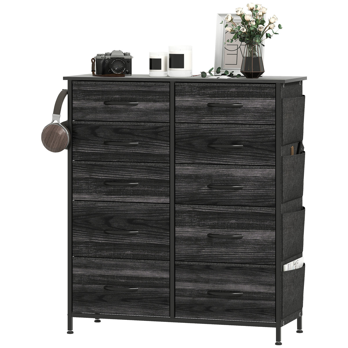 Fabric Chest of Drawers, 10 Drawer Dresser for Bedroom, Black