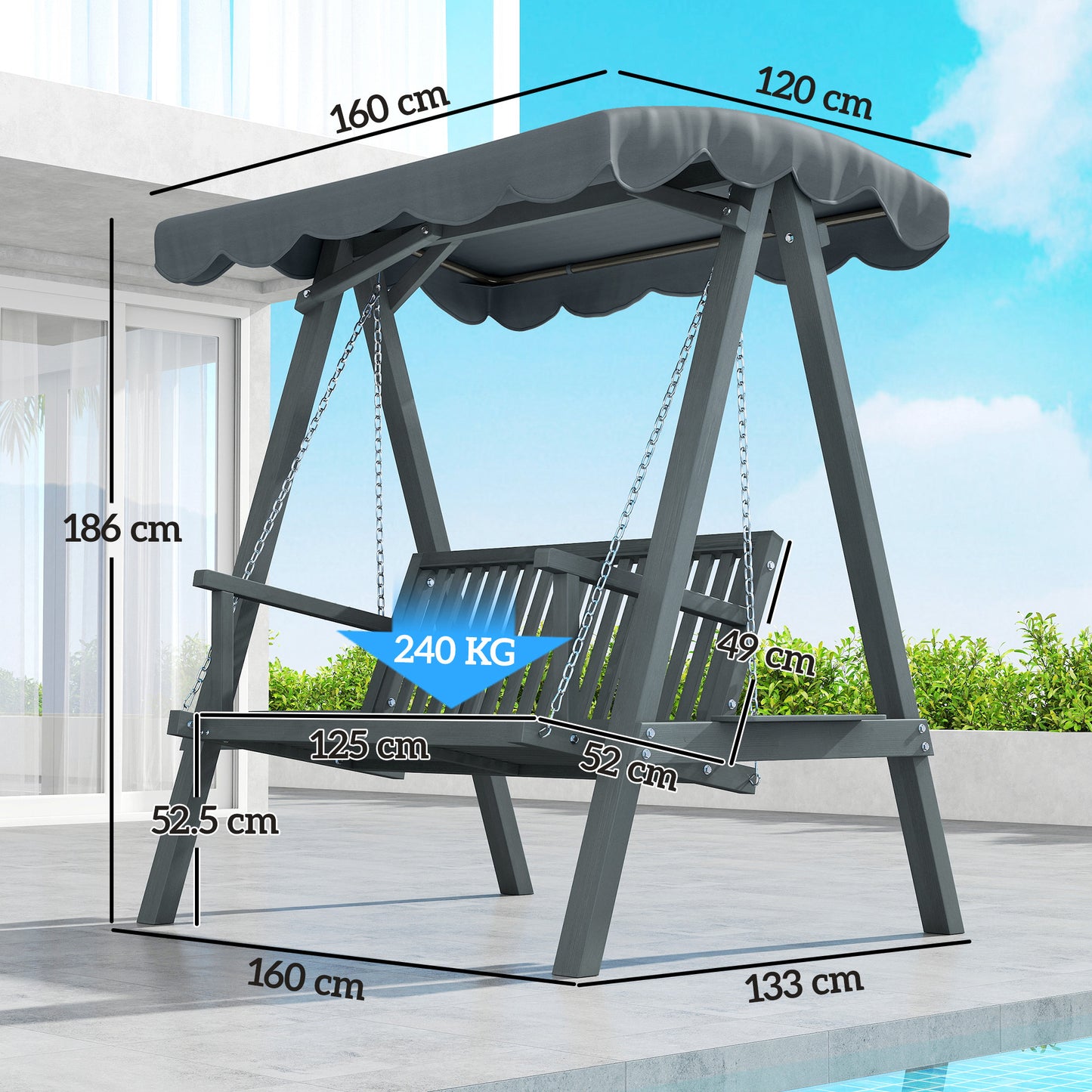 2 Seater Garden Swing Seat with Canopy, Outdoor Hammock Bench, Grey