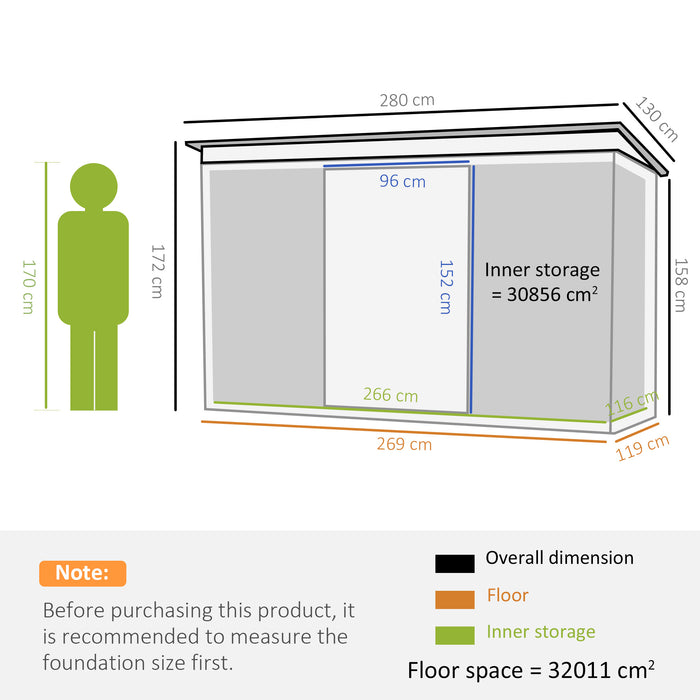 9 x 4 ft Metal Garden Storage Shed Patio Corrugated Steel Roofed Tool Box with Base, Kit Ventilation and Doors, Grey