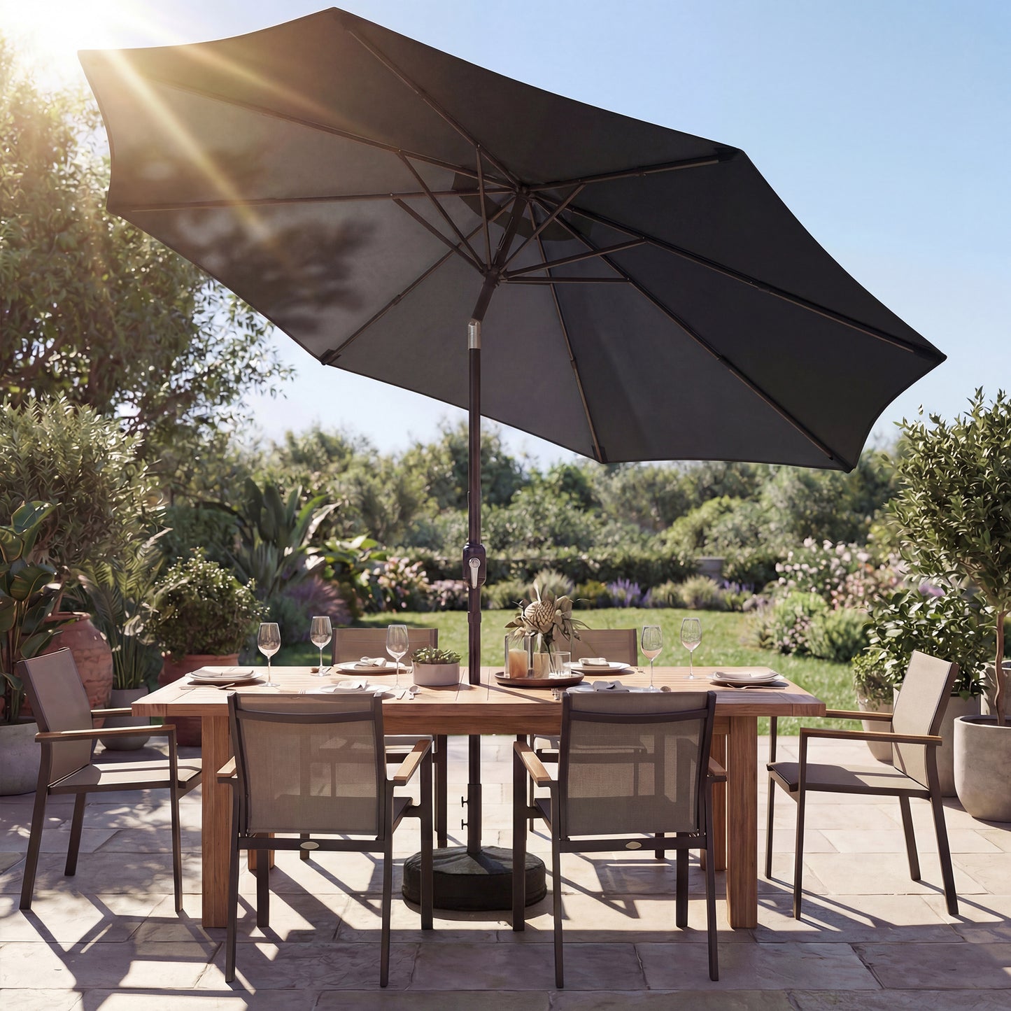 2.7 m Garden Parasol Umbrella with Cross Base, Sandbag, Black
