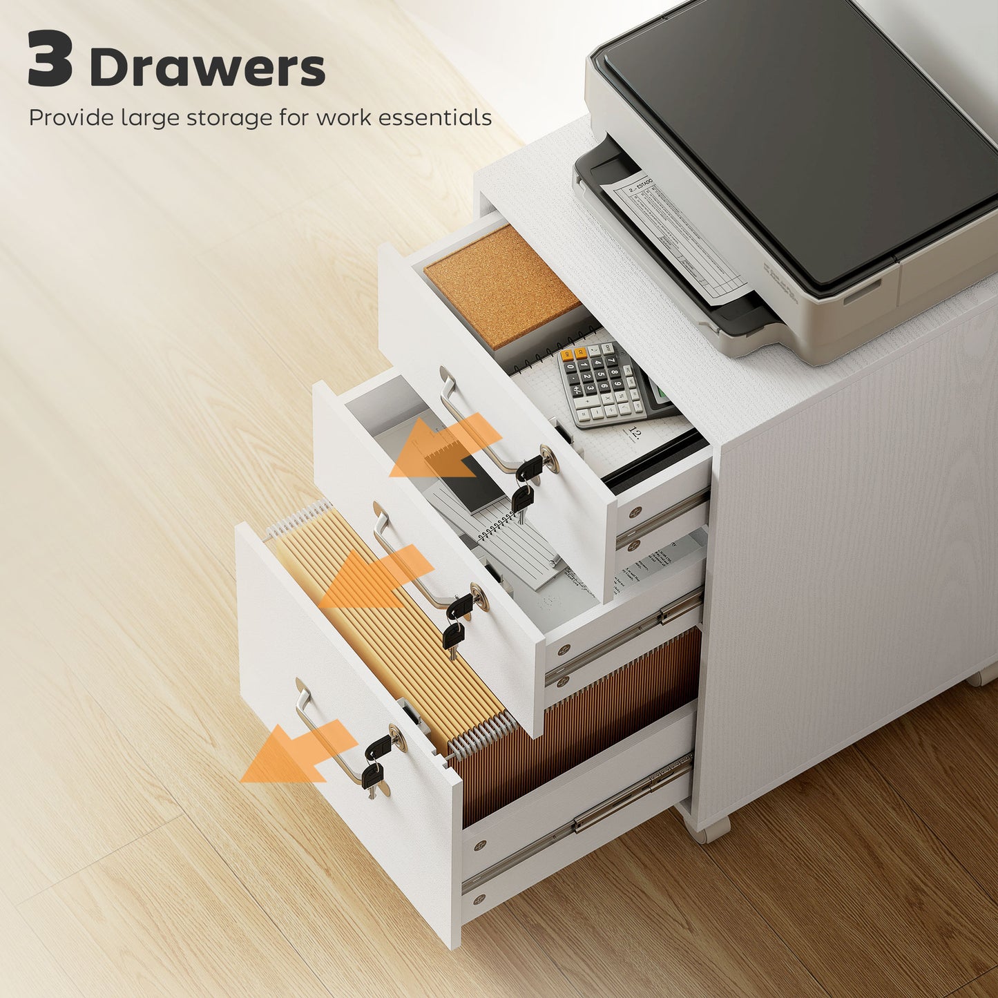 3 Drawer File Cabinet Rolling Filing Cabinet for A4 and Letter White