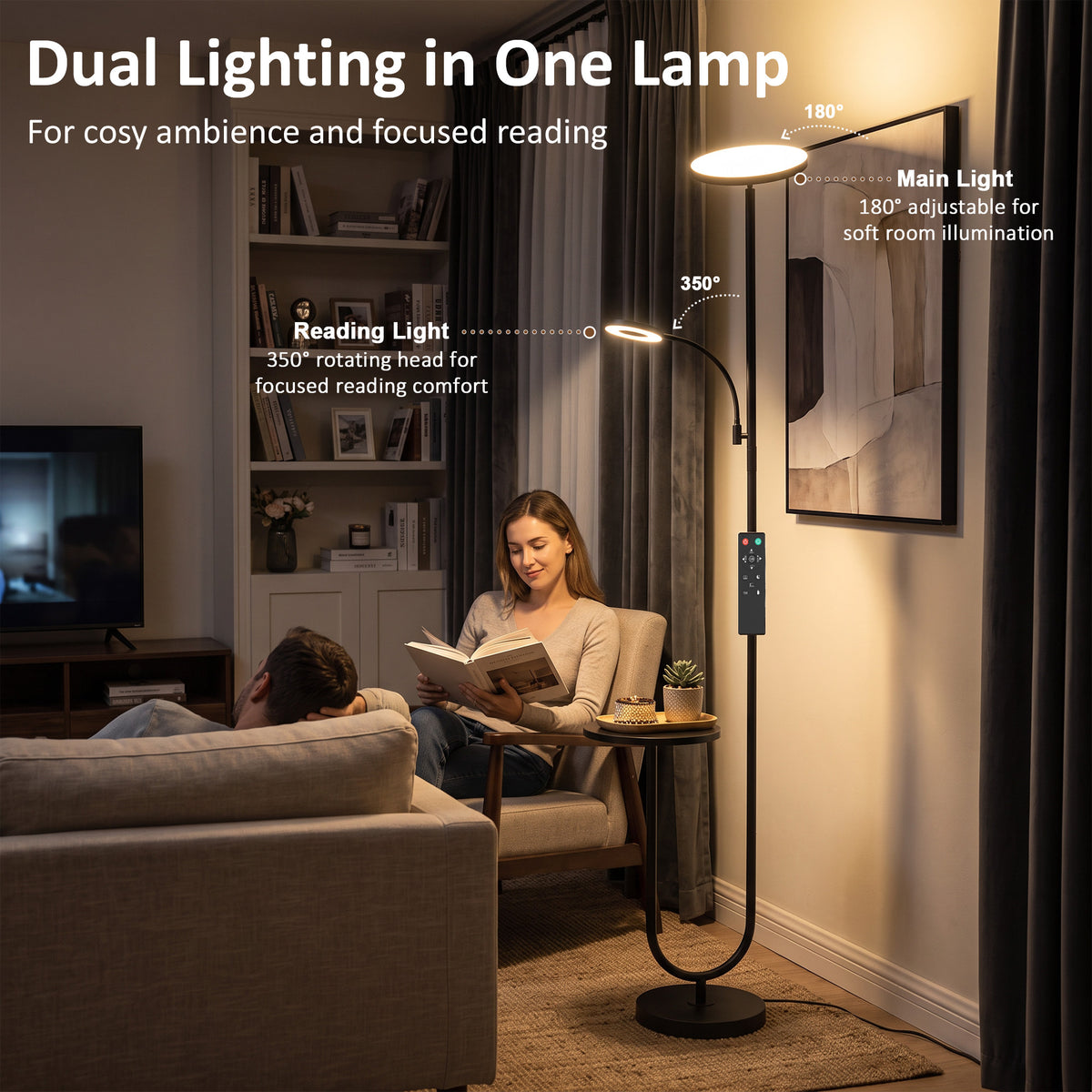 Uplighter Floor Lamp with Table, Dual Light Dimmable Standing Lamp