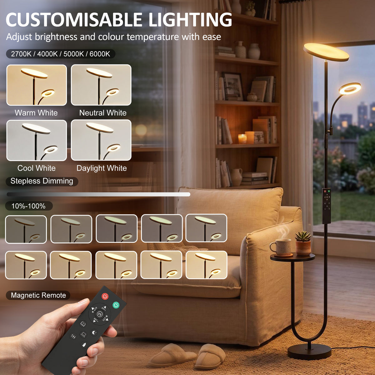 Uplighter Floor Lamp with Table, Dual Light Dimmable Standing Lamp