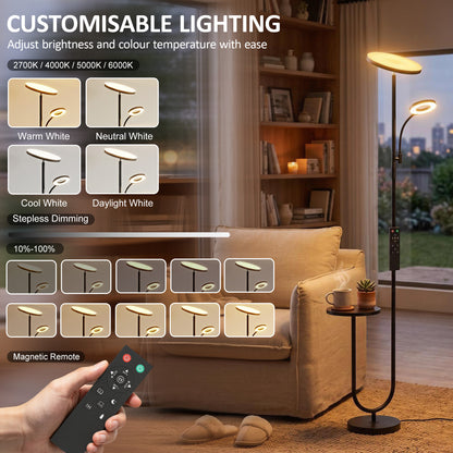 Uplighter Floor Lamp with Table, Dual Light Dimmable Standing Lamp