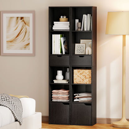 Narrow Bookshelf with Drawer, Tall Bookcase for Living Room, Black