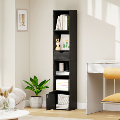 Narrow Bookshelf with Drawer, Tall Bookcase for Living Room, Black