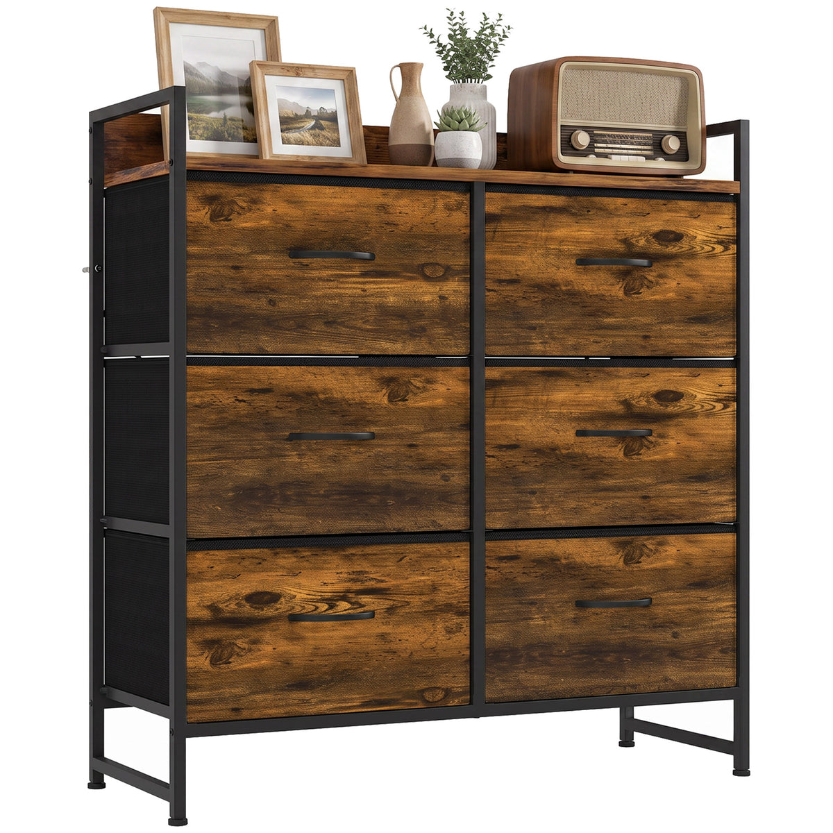 6-Drawer Fabric Chest with Top Shelf and Steel Frame - Rustic Brown & Black