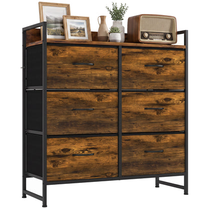 6-Drawer Fabric Chest with Top Shelf and Steel Frame - Rustic Brown & Black