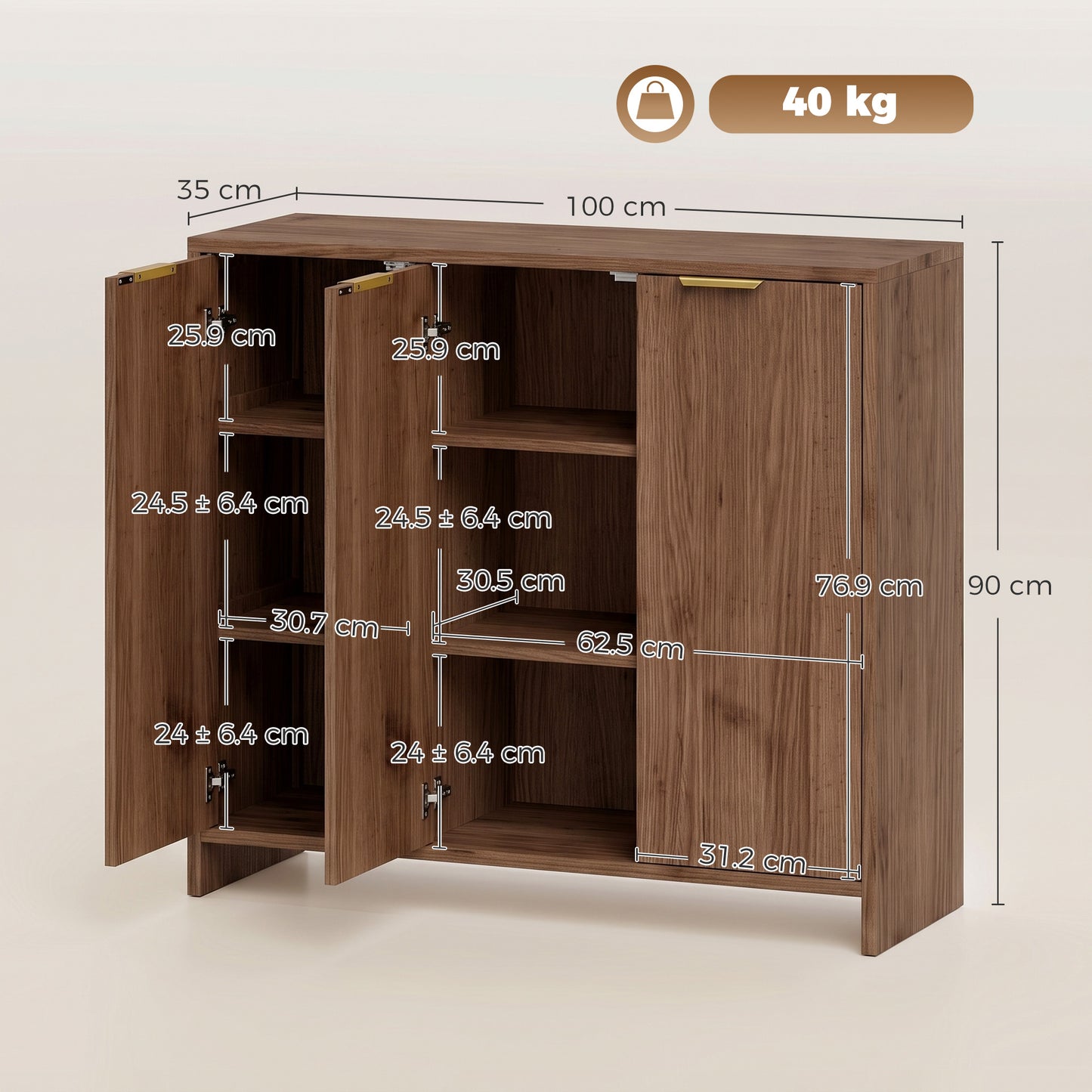Sideboard with 3 Doors and Adjustable Shelves Kitchen Cupboard Brown