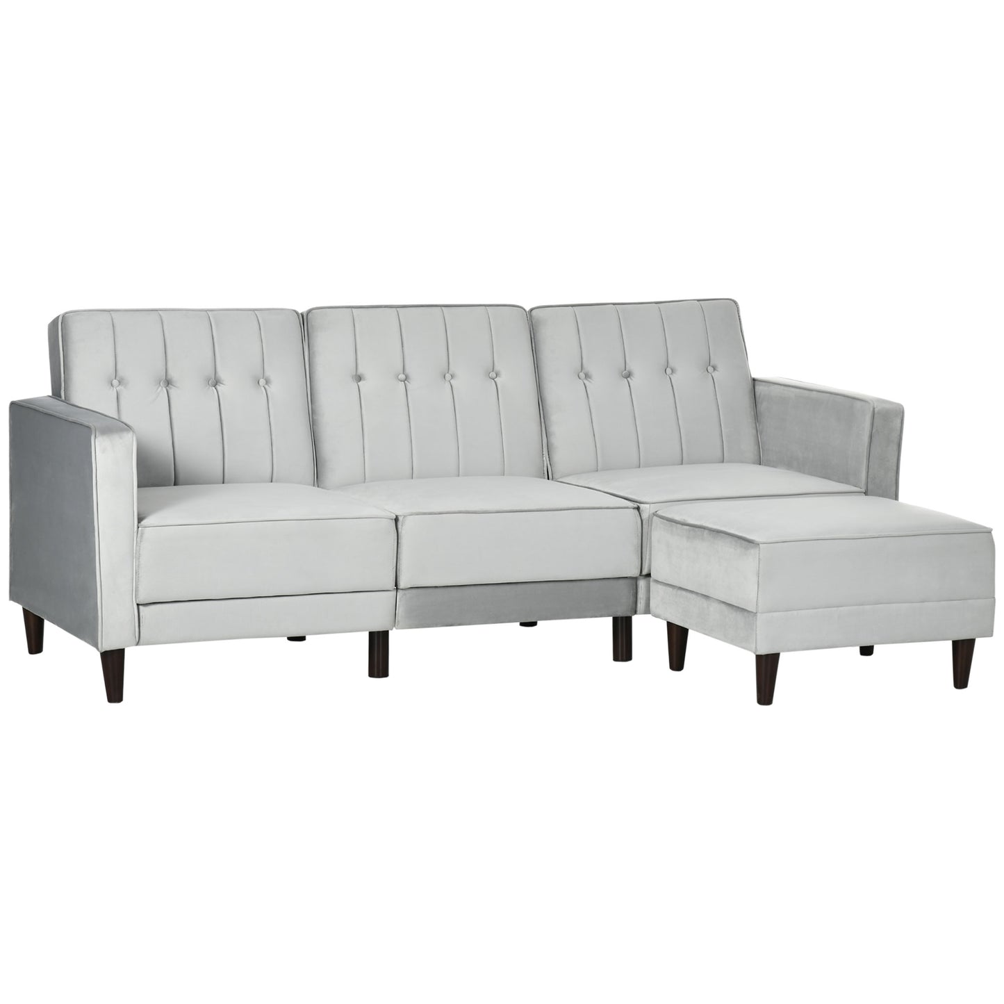 L Shape Sofa Bed Set with 3-Seater Sofa and Footstool, Corner Sofa Bed with Ottoman, Grey