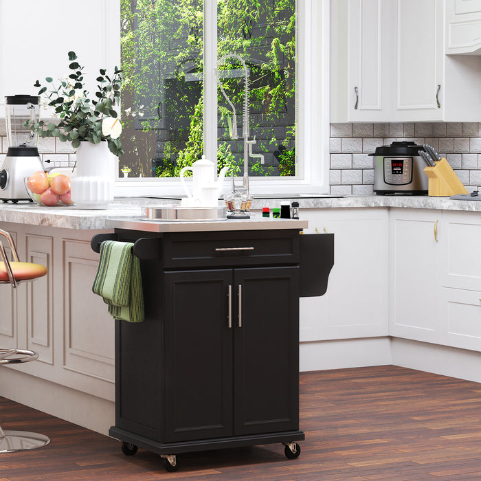 Kitchen Island, MDF, Stainless Steel Top-Black