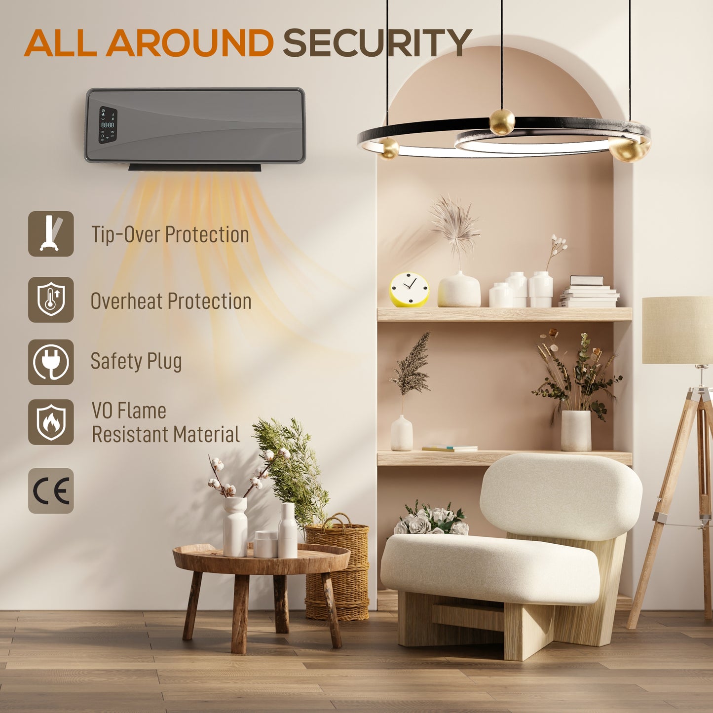 2000W Ceramic Electric Heater with Fan, Wall Heater, Grey